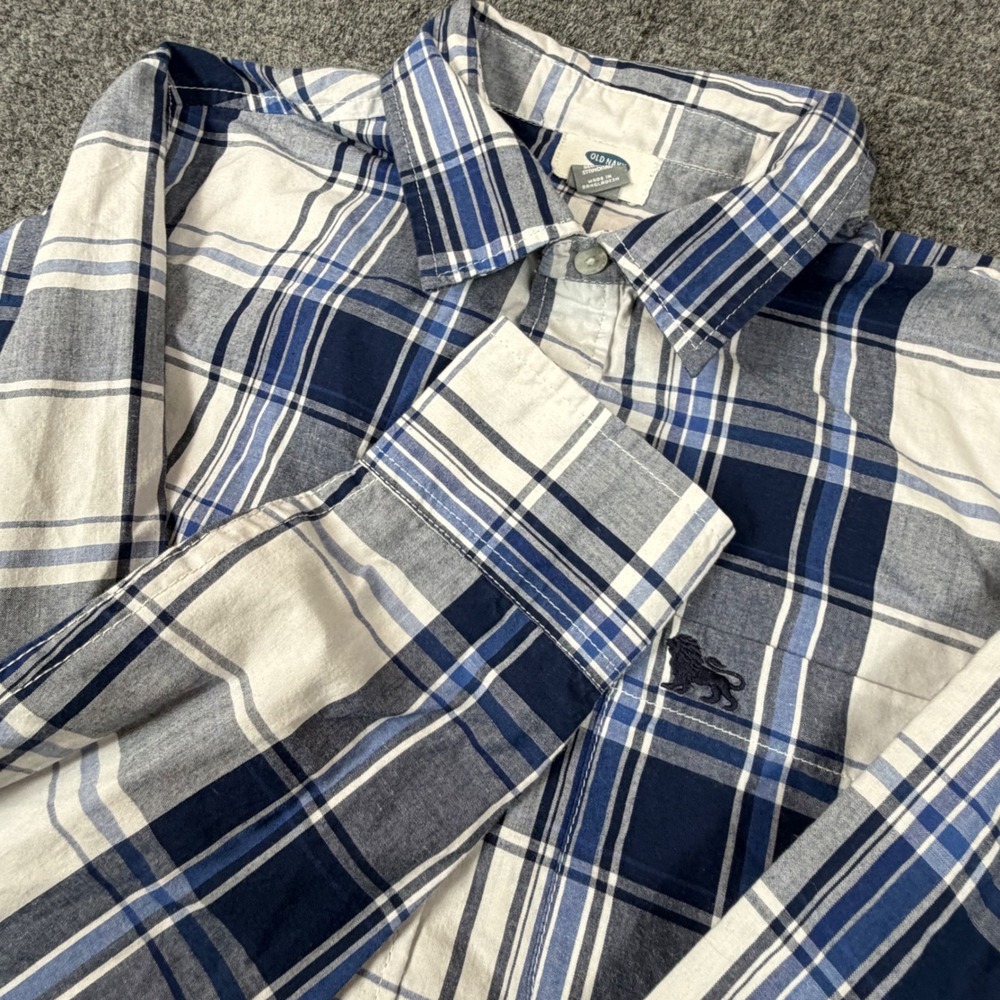 Old Navy Boys XL 14-16 Blue White Plaid Button Down Shirt Lion Logo Long‎ Sleeve